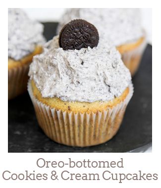 ”Oreo-bottomed Cookies & Cream Cupcakes”