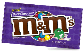 purple pack of dark chocolate M&Ms