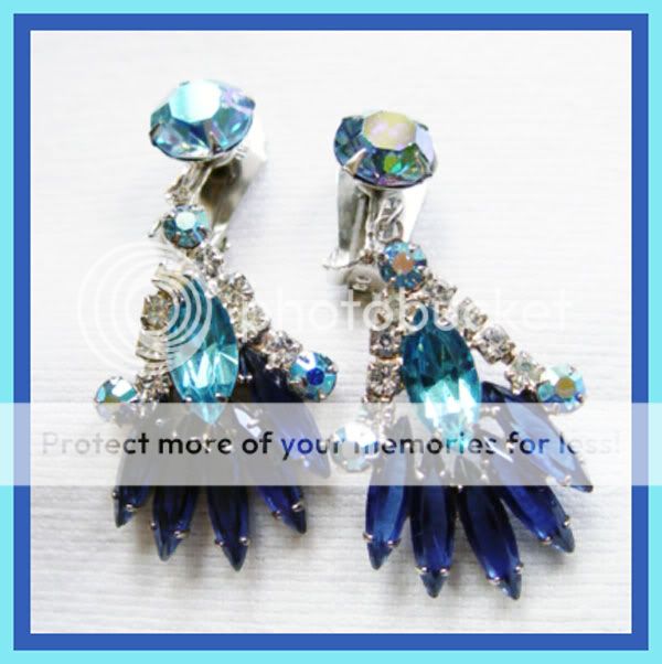 Vtg JULIANA Aurora Blue Navette Marquis Open Back RHINESTONE Clip 