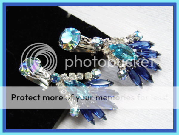 Vtg JULIANA Aurora Blue Navette Marquis Open Back RHINESTONE Clip 