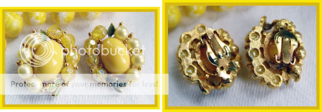 Vtg SELINI Yellow 5 Strand Necklace Earring SET Enamel & Beaded 