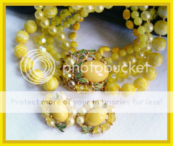 Vtg SELINI Yellow 5 Strand Necklace Earring SET Enamel & Beaded 