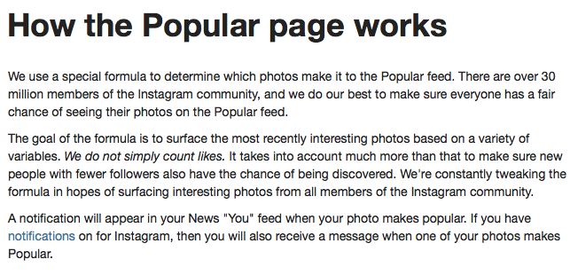 it s filled with photos that change often and are selected by the instagram team actually this is how they say they determine who gets to the popular page - instagram likes followers notification