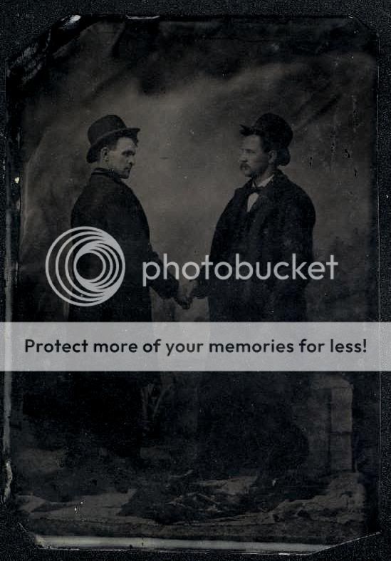   Tintype Photo 2 Victorian Men Shaking Hands Wearing Hats & Long Coats